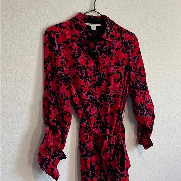 Diane Von Furstenberg Button Front Red Pink Black Shirt Dress - Picture 2 of 7